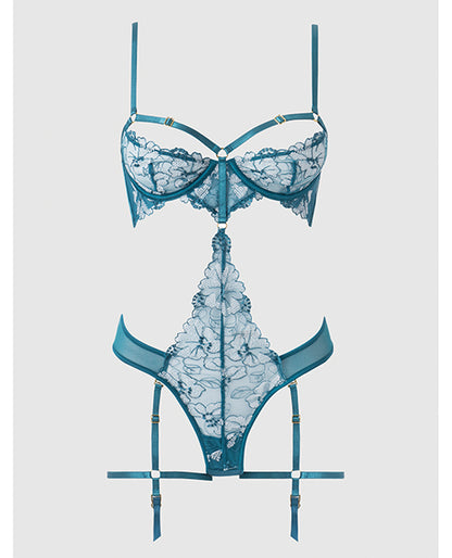 Nova Lace Teddy w/Garters - Jade Blue XL