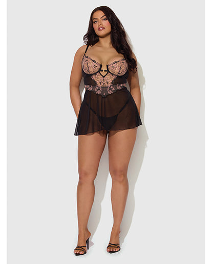 Nova Lace & Mesh Babydoll w/G-String 2 pc Set - Black 1X/2X