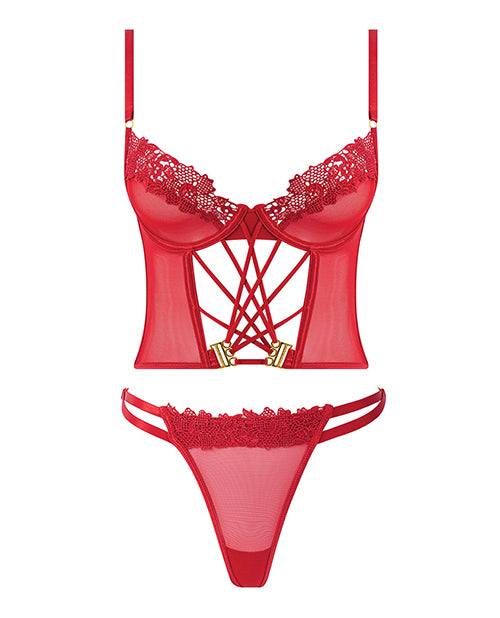 Ashley Alexiss Bustier w/Front Lace Up Ribbon Details & Matching High Cut Thong - Red 3X/4X