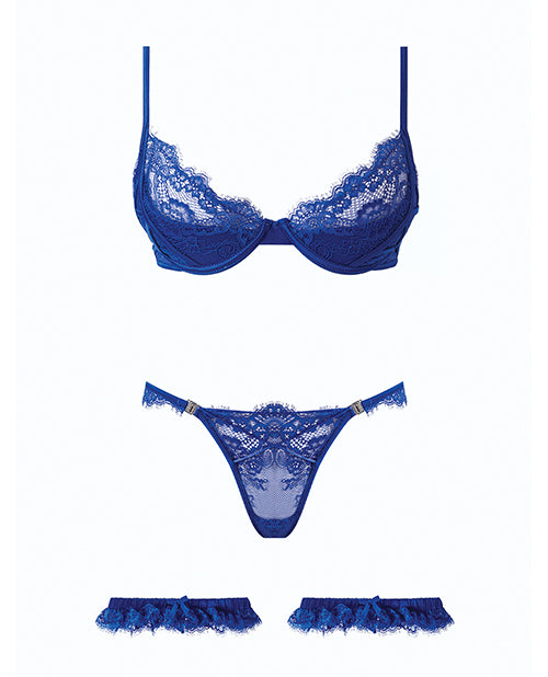 Madeline Lace & Mesh Bra, Garters, & Panty - Cobalt Blue 1X/2X
