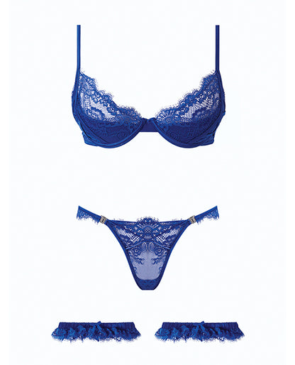 Madeline Lace & Mesh Bra, Garters, & Panty - Cobalt Blue LG