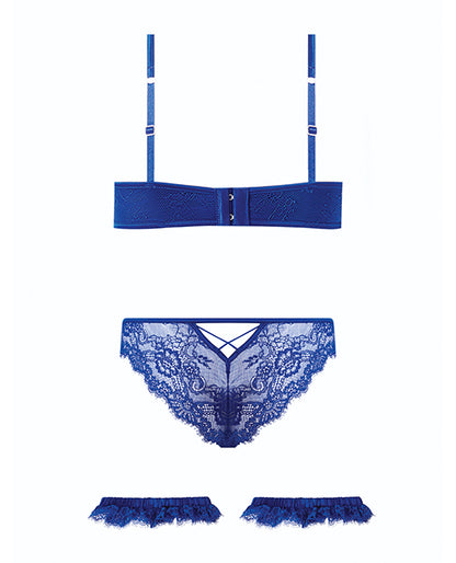 Madeline Lace & Mesh Bra, Garters, & Panty - Cobalt Blue LG