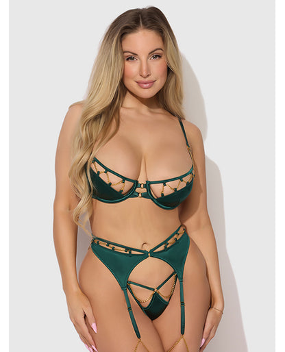 House of Desire Evangeline Satin & Chain Push Up Bra, Thigh Garter Belt & G-String Set - Green 1X/2X