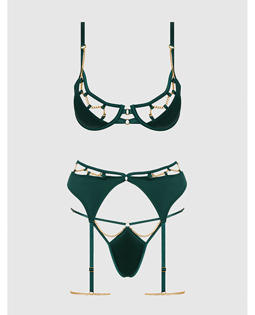 House of Desire Evangeline Satin & Chain Push Up Bra, Thigh Garter Belt & G-String Set - Green 1X/2X - Image 5