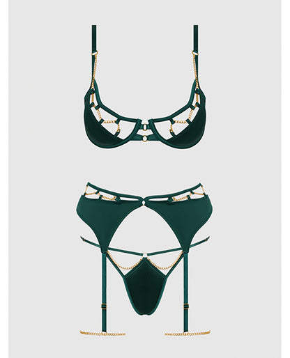 House of Desire Evangeline Satin & Chain Push Up Bra, Thigh Garter Belt & G-String Set - Green 1X/2X - Image 5
