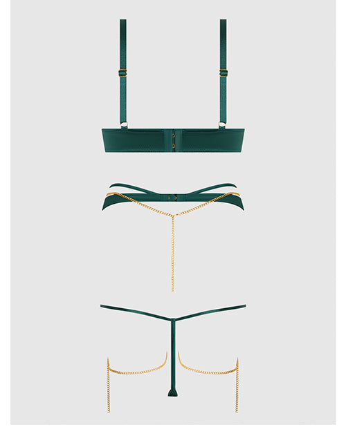 House of Desire Evangeline Satin & Chain Push Up Bra, Thigh Garter Belt & G-String Set - Green 1X/2X - Image 6