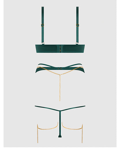House of Desire Evangeline Satin & Chain Push Up Bra, Thigh Garter Belt & G-String Set - Green 1X/2X - Image 6