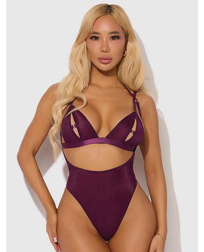 House of Desire Yasmine Shimmer Mesh Slit Cup, Backless Teddy & Bralette Set - Burgundy 1X/2X