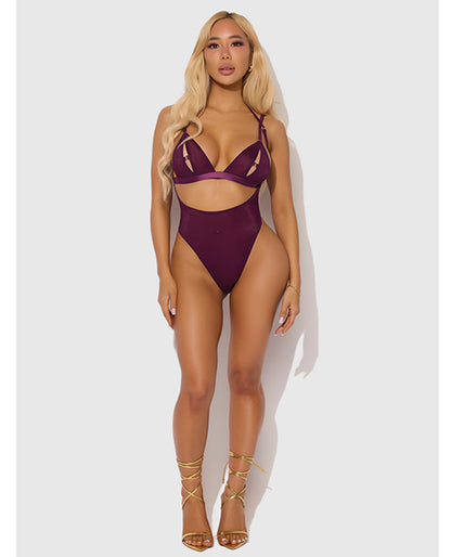 House of Desire Yasmine Shimmer Mesh Slit Cup, Backless Teddy & Bralette Set - Burgundy 1X/2X - Image 3