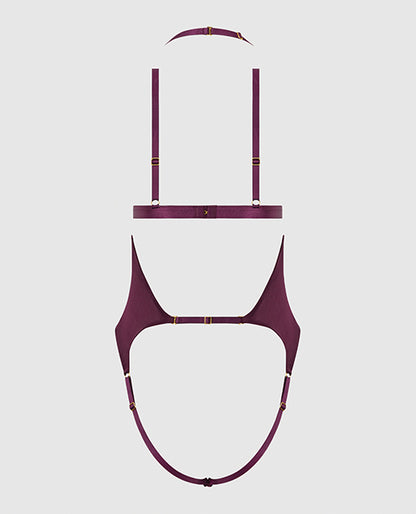 House of Desire Yasmine Shimmer Mesh Slit Cup, Backless Teddy & Bralette Set - Burgundy 1X/2X - Image 6