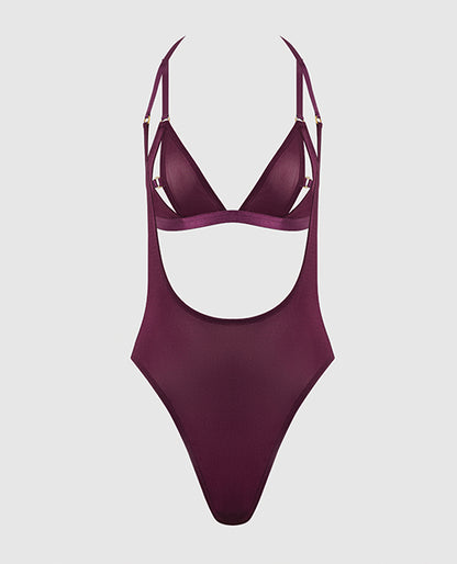 House of Desire Yasmine Shimmer Mesh Slit Cup, Backless Teddy & Bralette Set - Burgundy 3X/4X - Image 5