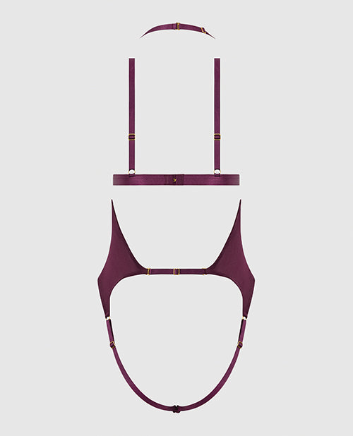 House of Desire Yasmine Shimmer Mesh Slit Cup, Backless Teddy & Bralette Set - Burgundy 3X/4X - Image 6