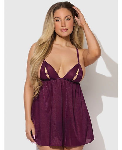 House of Desire Yasmine Shimmer Mesh O-Ring Slit Cup Babydoll & G-String Set - Burgundy 3X/4X