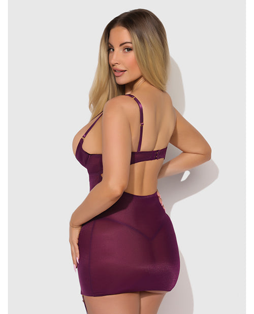 House of Desire Yasmine Shimmer Mesh O-Ring Thigh Garter Chemise & G-String Set - Burgundy 1X/2X - Image 2