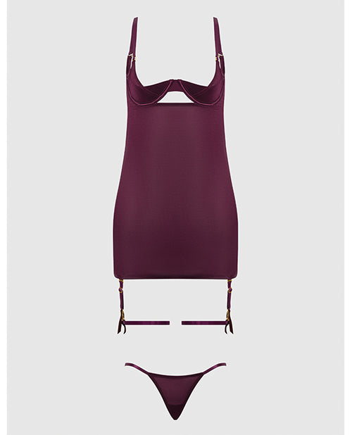 House of Desire Yasmine Shimmer Mesh O-Ring Thigh Garter Chemise & G-String Set - Burgundy 1X/2X - Image 5