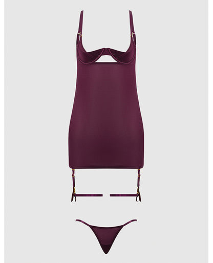 House of Desire Yasmine Shimmer Mesh O-Ring Thigh Garter Chemise & G-String Set - Burgundy 1X/2X - Image 5