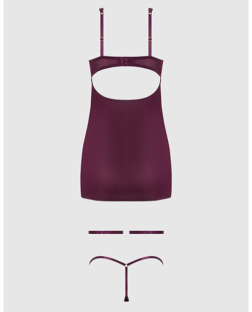 House of Desire Yasmine Shimmer Mesh O-Ring Thigh Garter Chemise & G-String Set - Burgundy 1X/2X - Image 6
