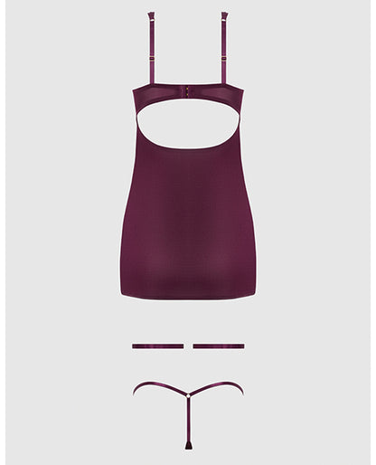 House of Desire Yasmine Shimmer Mesh O-Ring Thigh Garter Chemise & G-String Set - Burgundy 1X/2X - Image 6