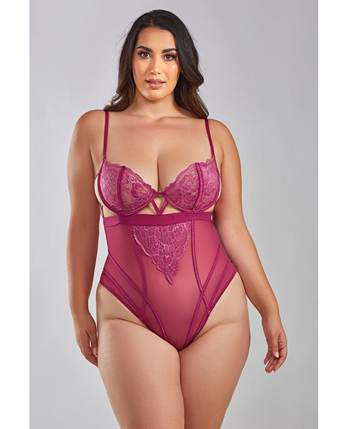 iCollection Lingerie Quinn Cross Dyed Galloon Lace & Mesh Teddy Wine 3X - Image 2