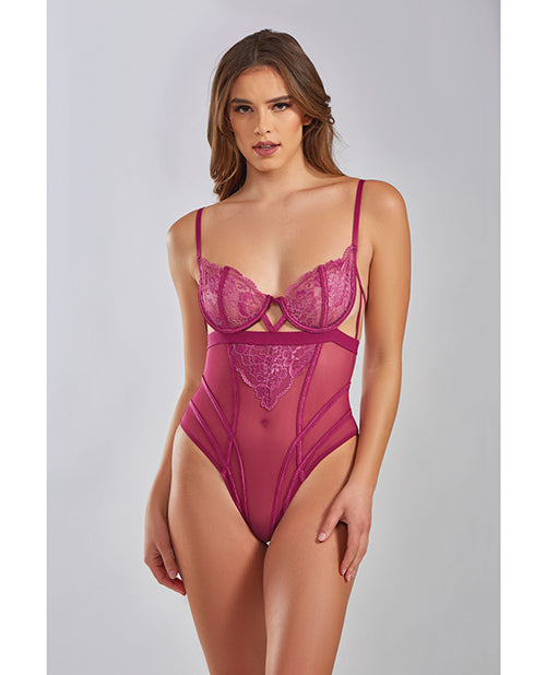 iCollection Lingerie Quinn Cross Dyed Galloon Lace & Mesh Teddy Wine SM