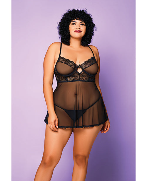 Soft Mesh Babydoll & G-String Black 3X