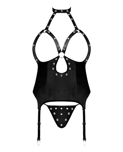 Lust Mistress Cupless Corset w/Velcro Choker Collar, Metal Garters & G-String Black L/XL