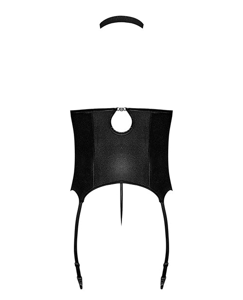 Lust Mistress Cupless Corset w/Velcro Choker Collar, Metal Garters & G-String Black L/XL