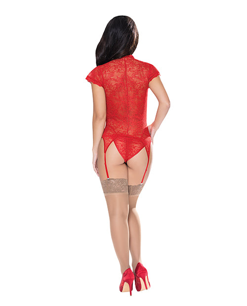 Ooh La Lace Cap Sleeve Basque & Tanga Panty Red S/M