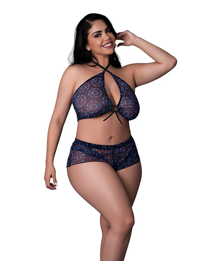Exposed Hazy Dayz Butterfly Blacklight Reflective Halter Top & Short 2 pc Set - Black Multi QN - Image 3