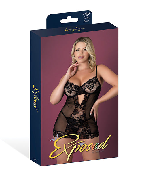 Exposed Black Cherry Demi Cup Chemise & Thong Set - Black QN - Image 4