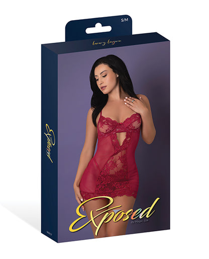 Exposed Black Cherry Demi Cup Chemise & Thong Set - Red L/XL - Image 5