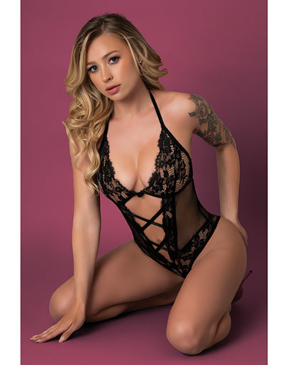 Exposed Black Cherry Halter Teddy - Black S/M - Image 4