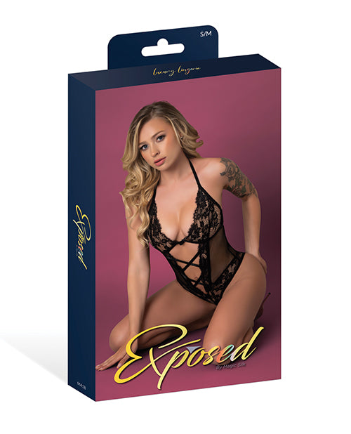 Exposed Black Cherry Halter Teddy - Black S/M