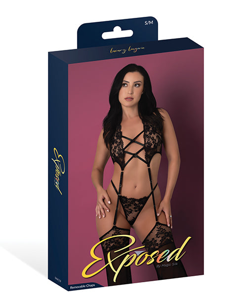 Exposed Black Cherry Plunge Top w/Removable Chaps & Cheeky Panty Set - Black S/M - Image 6