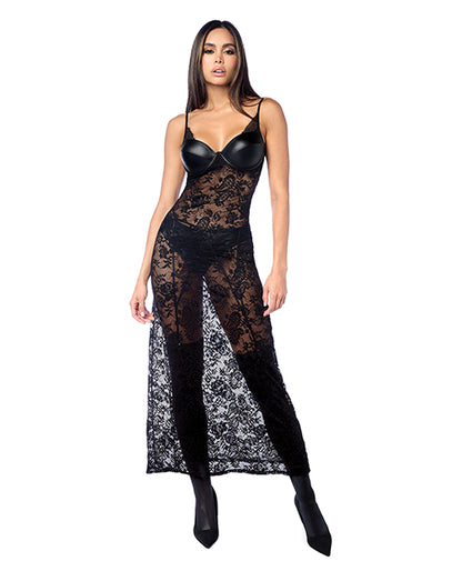 Mapale Lace Underwire Long Gown w/Panty & Garter Belt 2 pc Set (Stockings not Included) - Black S/M - Image 2
