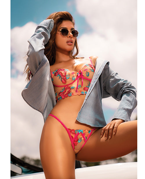 Seductive Garden Floral Mesh Bralette w/G-String 2 pc Set - Multi-Color L/XL