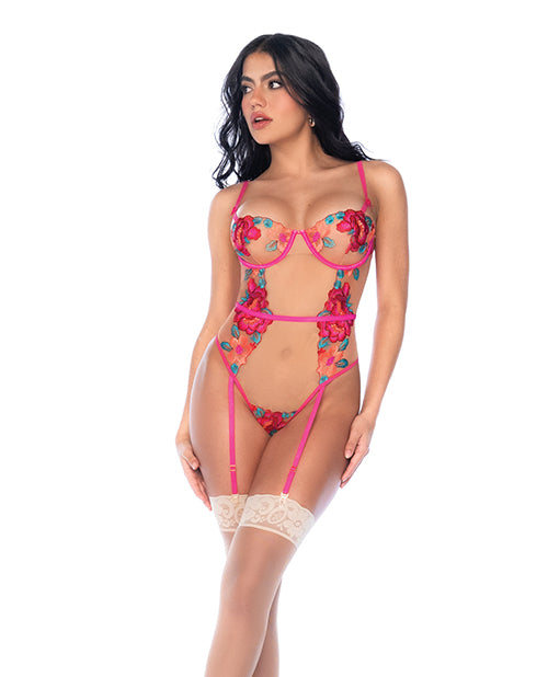Seductive Garden Floral Mesh Teddy w/Attached Garters - Multi-Color S/M