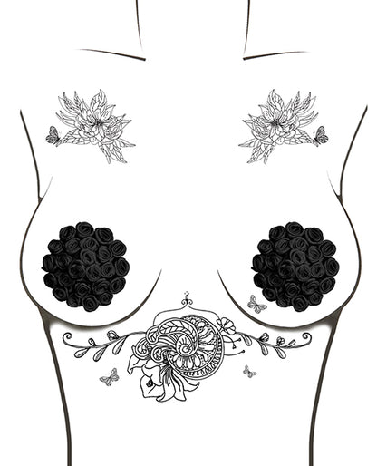 Neva Nude Burlesque Nightfall Roses Reusable Silicone Pasties- Black O/S
