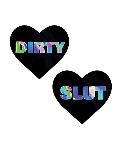 Neva Nude Holographic Dirty Slut Heart Pasties - Black O/S