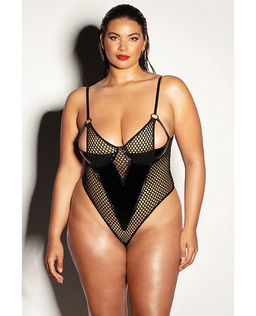 FETISH Frisky Fishnet & Vinyl Shelf Cup Peek A Boo Teddy Black 2X