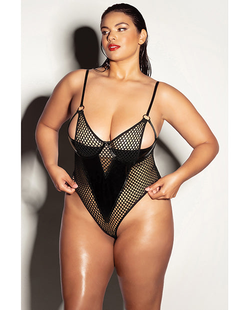 FETISH Frisky Fishnet & Vinyl Shelf Cup Peek A Boo Teddy Black 2X