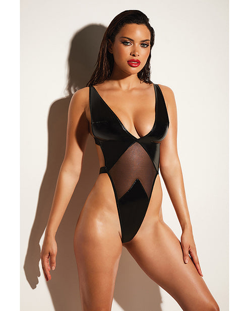 Fetish by Oh la la Cheri FETISH Limitless Soft Cup High Leg Vinyl & Mesh Teddy Black S/M - Image 4