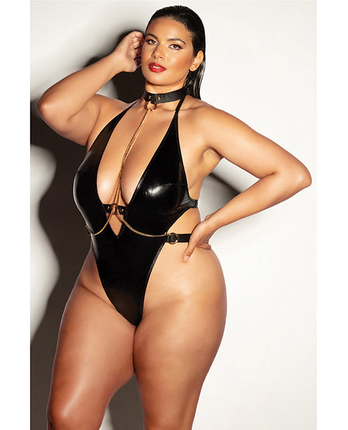 FETISH Submissive V-Plunge Vinyl Teddy w/Removable Chain Harness & Hand Cuff Black 1X/2X