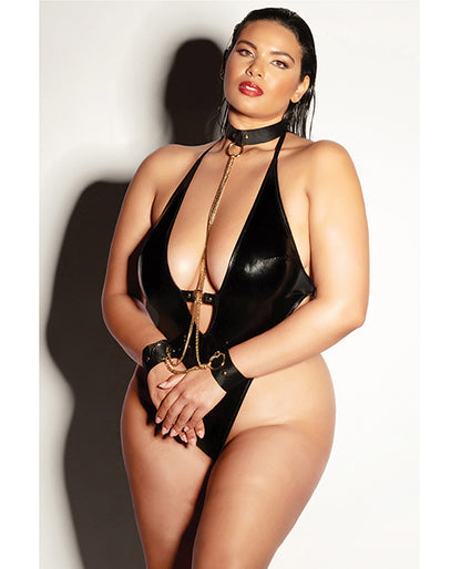 FETISH Submissive V-Plunge Vinyl Teddy w/Removable Chain Harness & Hand Cuff Black 1X/2X