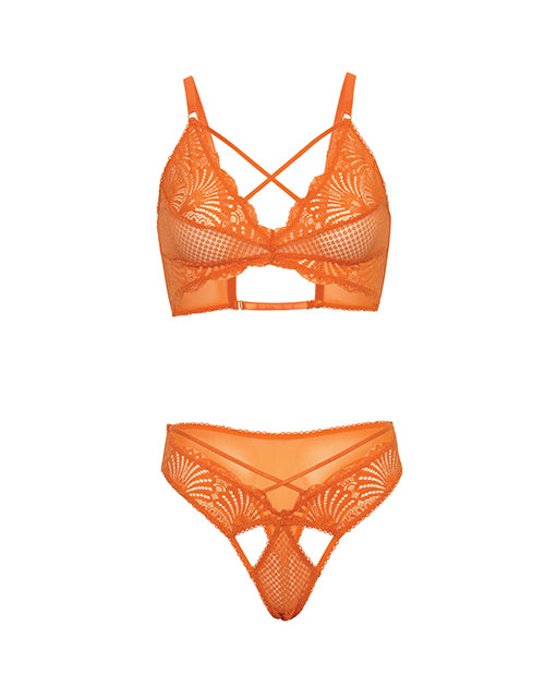 Amina Scallop Lace & Mesh Bralette w/Panty 2 pc Set - Dragon Fire Orange S/M