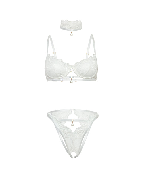 Pearla Lace Underwire Bra & Open Back Panty w/Matching Collar 3 pc Set - White L/XL