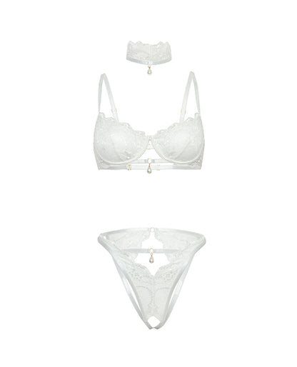 Pearla Lace Underwire Bra & Open Back Panty w/Matching Collar 3 pc Set - White S/M