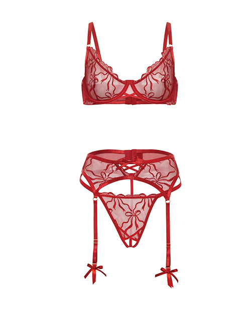 Mariah Embroidered Lace and Mesh Underwire Bra w/Garter & G-String 3 pc Set - Burgundy MD