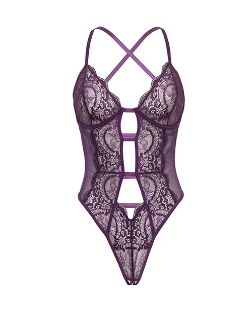 Carmen Lace & Mesh Underwire Crotchless Teddy - Imperial Purple L/XL