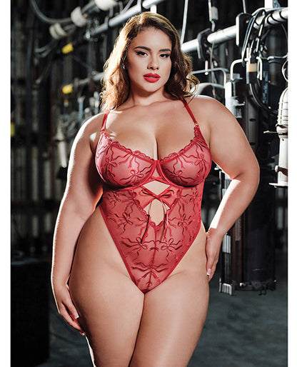 Mariah Embroidered Mesh Underwire Teddy - Burgundy 2X